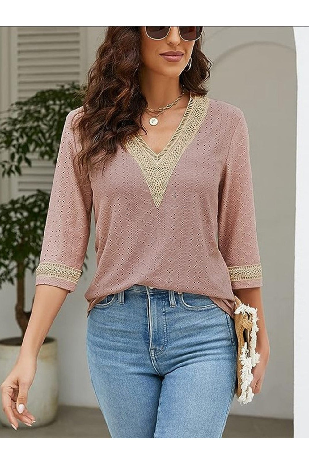 V-Neck Eyelet Blouse - Blouses - FITGGINS