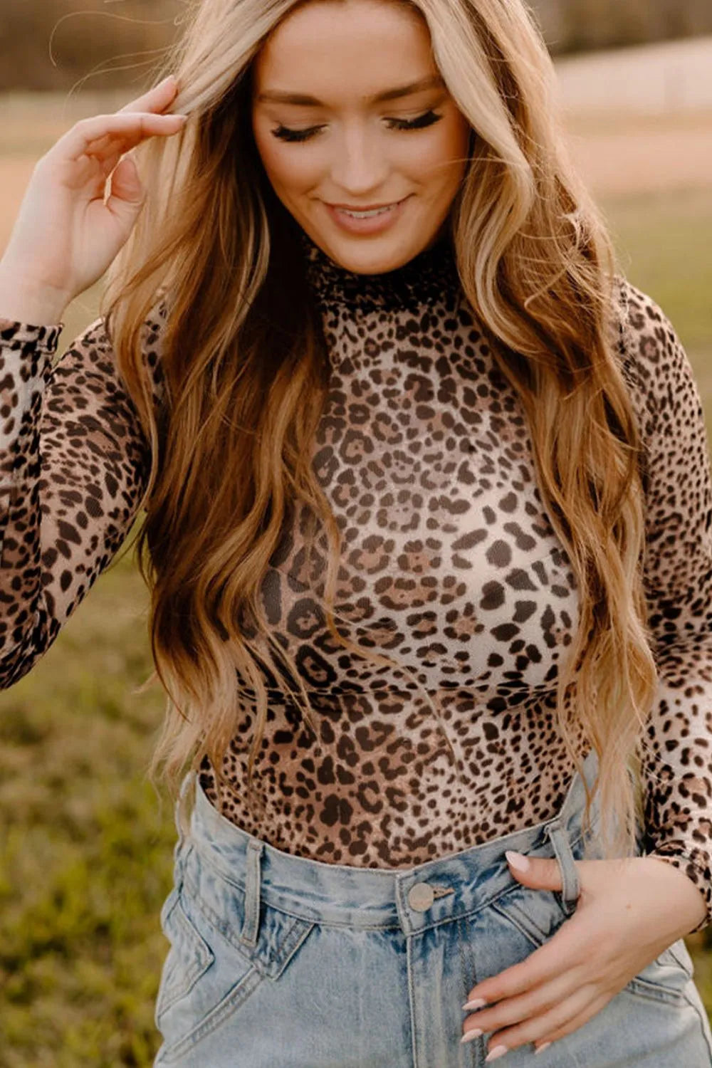 Turtleneck Leopard Long Sleeve Bodysuit Fitggins