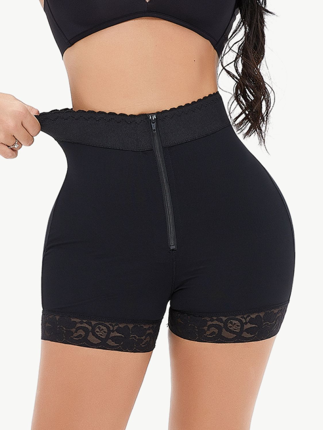 Full Size Zip-Up Lace Trim Shaping Shorts Black Fitggins