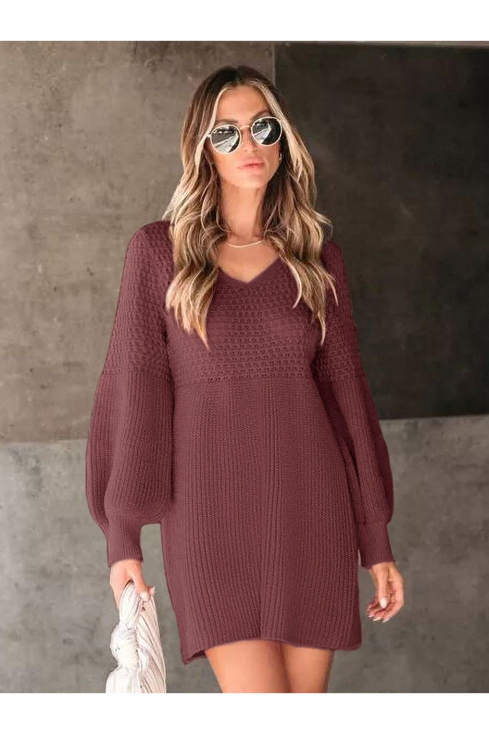 Perfee V-Neck Long Sleeve Sweater Dress - Sweater Dresses - FITGGINS