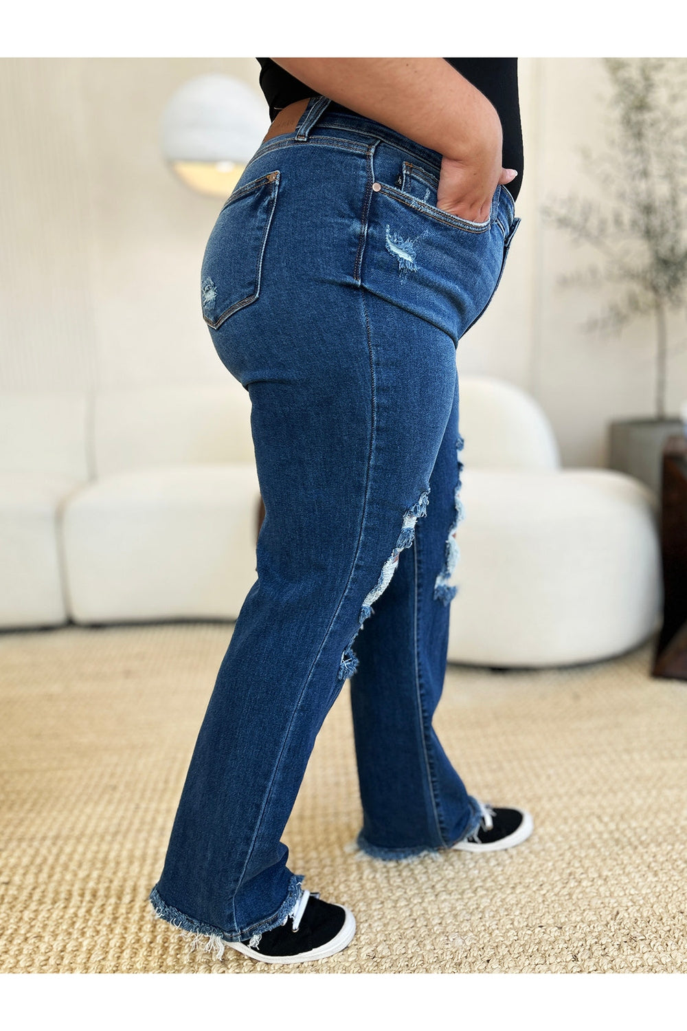 Judy Blue Full Size Mid Rise Distressed Raw Hem Jeans - Jeans - FITGGINS