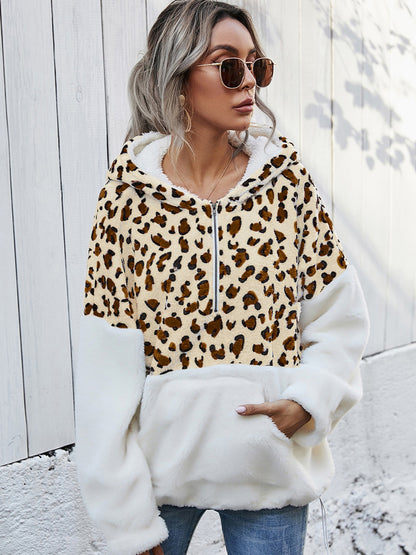 Shiny Leopard Half-Zip Dropped Shoulder Hoodie Light Yellow Fitggins