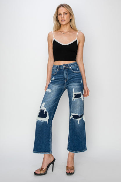 Risen Full Size High Rise Patch Detailed Wide Leg Crop Jeans - Jeans - FITGGINS