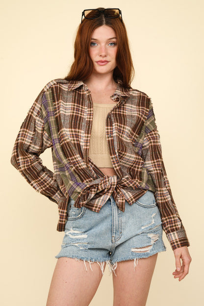 VERY J Contrast Plaid Raw Detail Shirt - Shirts - FITGGINS