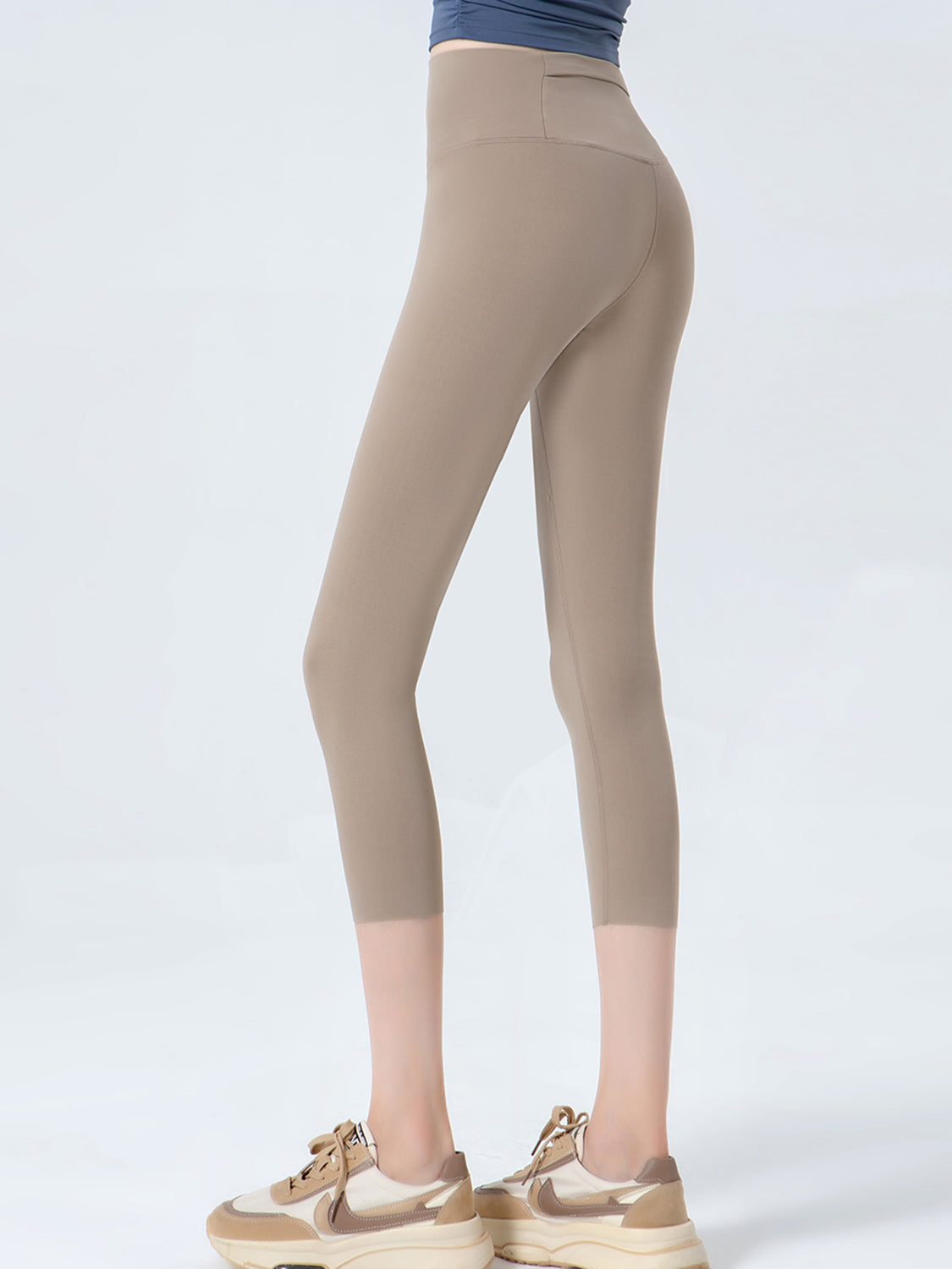 Wide Waistband Cropped Sports Leggings Beige Fitggins