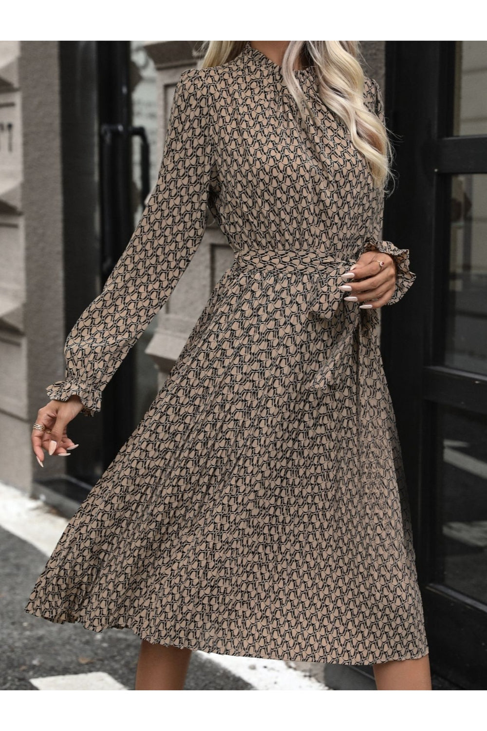 Perfee Printed Mock Neck Flounce Sleeve Dress - Casual & Maxi Dresses - FITGGINS