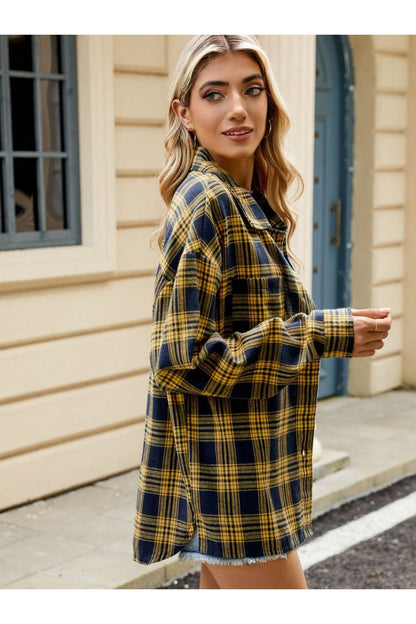 Plaid Collared Neck Long Sleeve Shirt - Shirts - FITGGINS