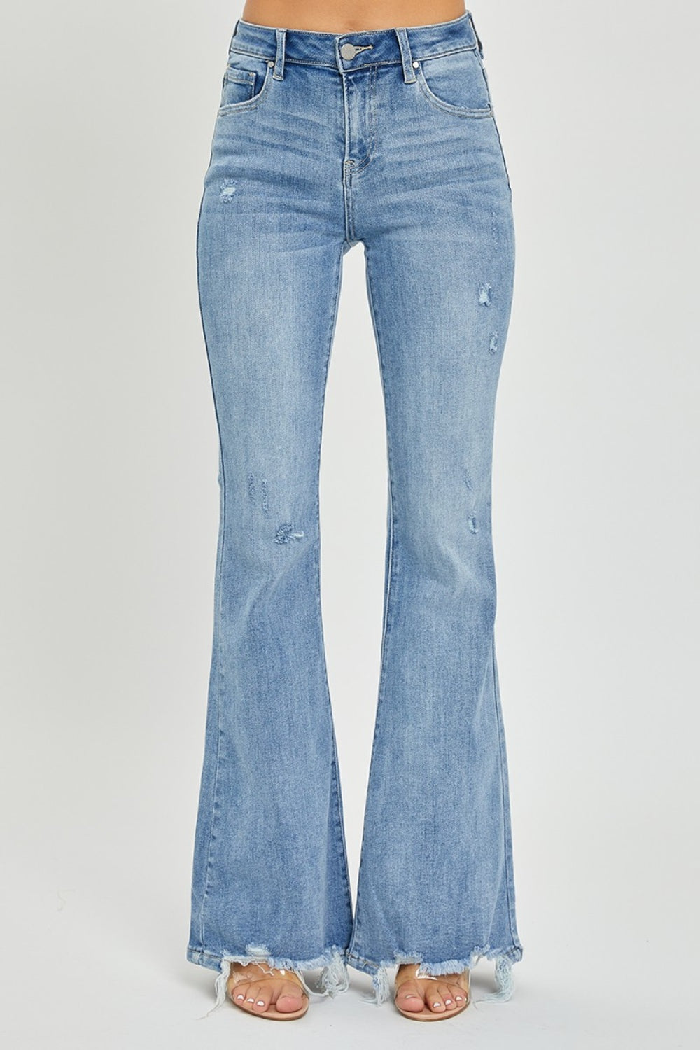 Risen Full Size High Rise Frayed Hem Flare Jeans - Jeans - FITGGINS