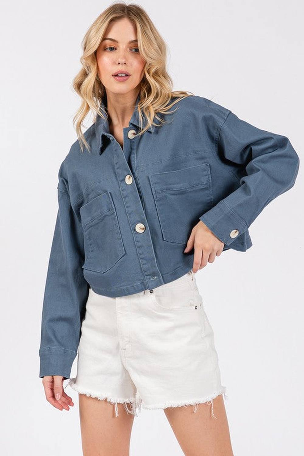 bytos Button Down Cropped Denim Jacket with Patch Pockets - Denim Jackets - FITGGINS