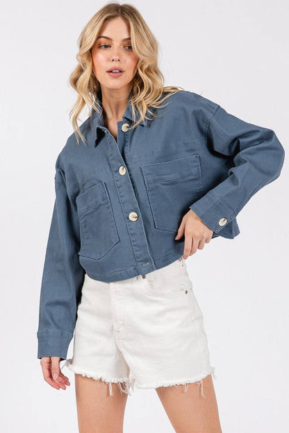 bytos Button Down Cropped Denim Jacket with Patch Pockets - Denim Jackets - FITGGINS