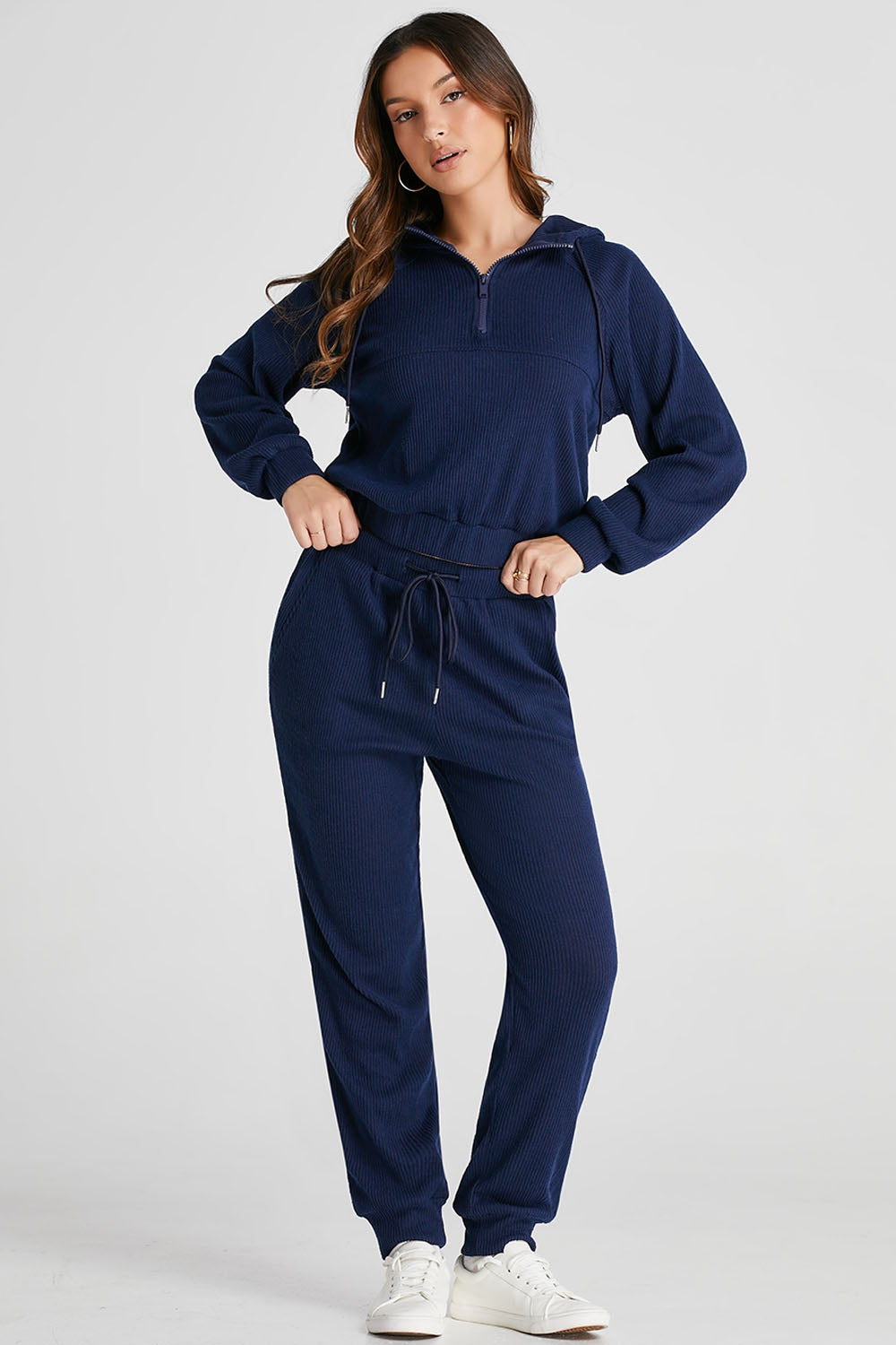 Drawstring Half Zip Hoodie and Joggers Active Set - Active Set - FITGGINS