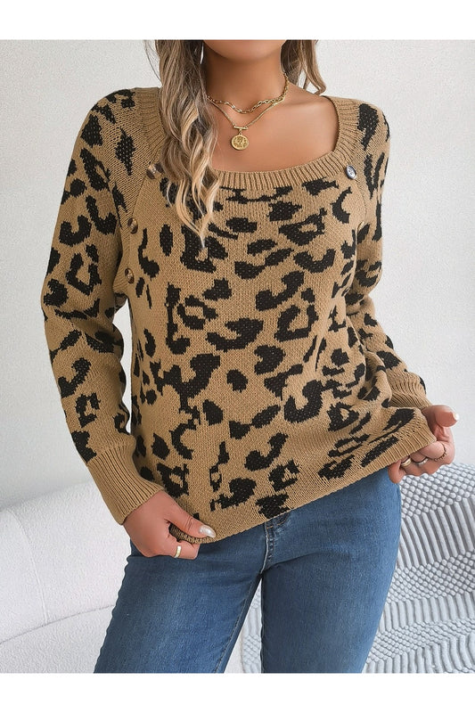 Leopard Buttoned Square Neck Sweater - Pullover Sweaters - FITGGINS