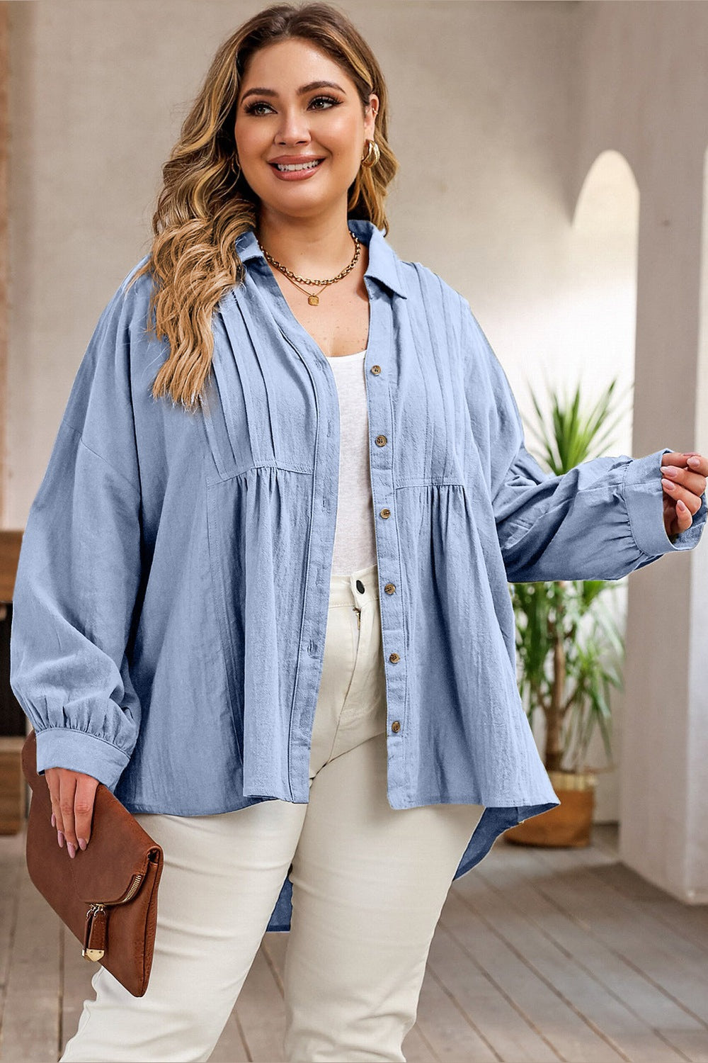 Plus Size High-Low Button Up Dropped Shoulder Shirt - Shirts - FITGGINS