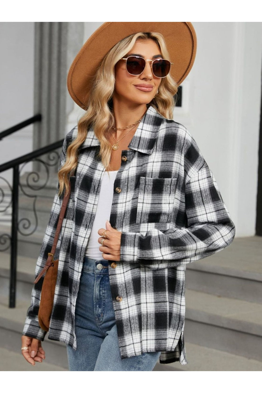 Plaid Collared Neck Long Sleeve Shirt - Shirts - FITGGINS