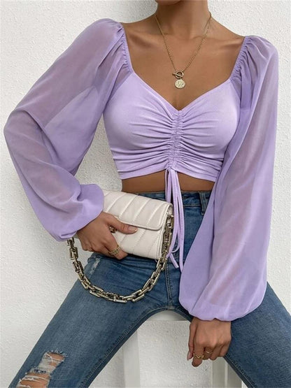 Drawstring Sweetheart Neck Cropped Top Lavender Fitggins