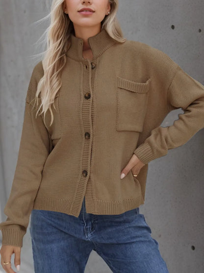 Button Up Long Sleeve Cardigan Camel Fitggins