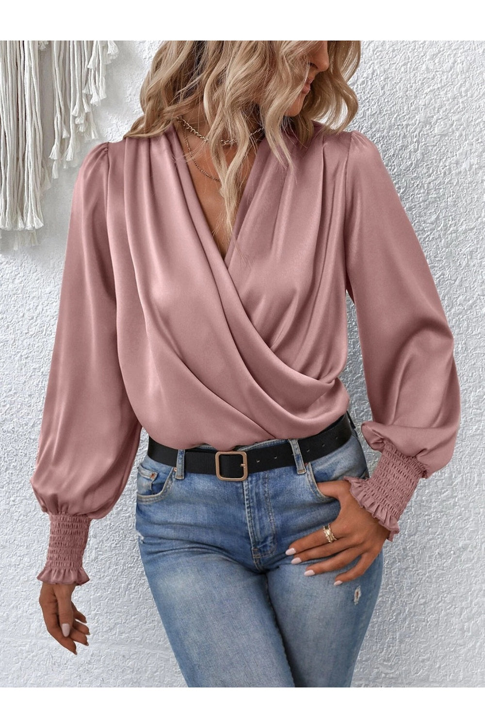 Surplice Smocked Lantern Sleeve Blouse - Blouses - FITGGINS