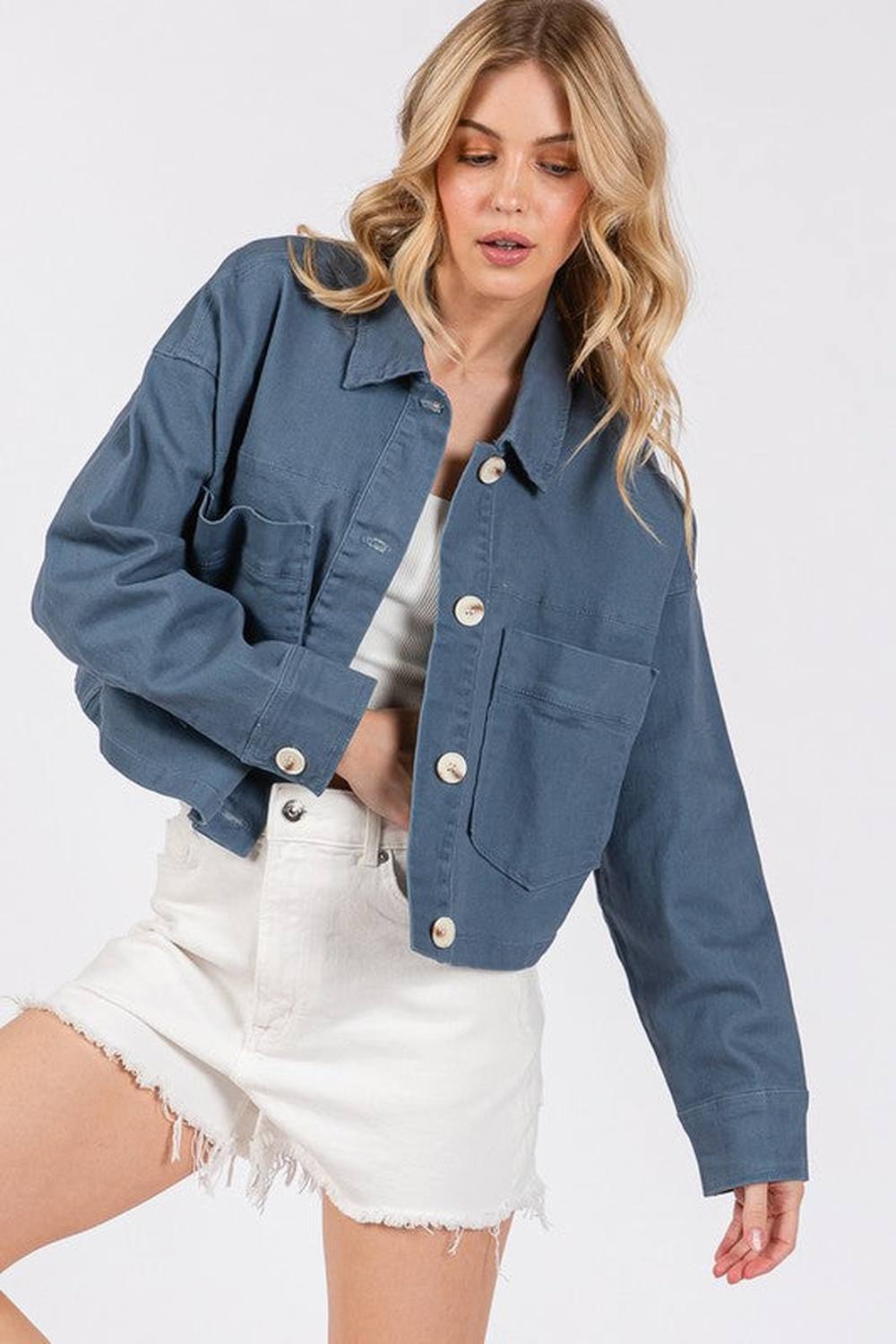 bytos Button Down Cropped Denim Jacket with Patch Pockets - Denim Jackets - FITGGINS