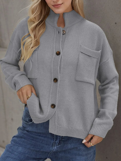 Button Up Long Sleeve Cardigan Gray Fitggins