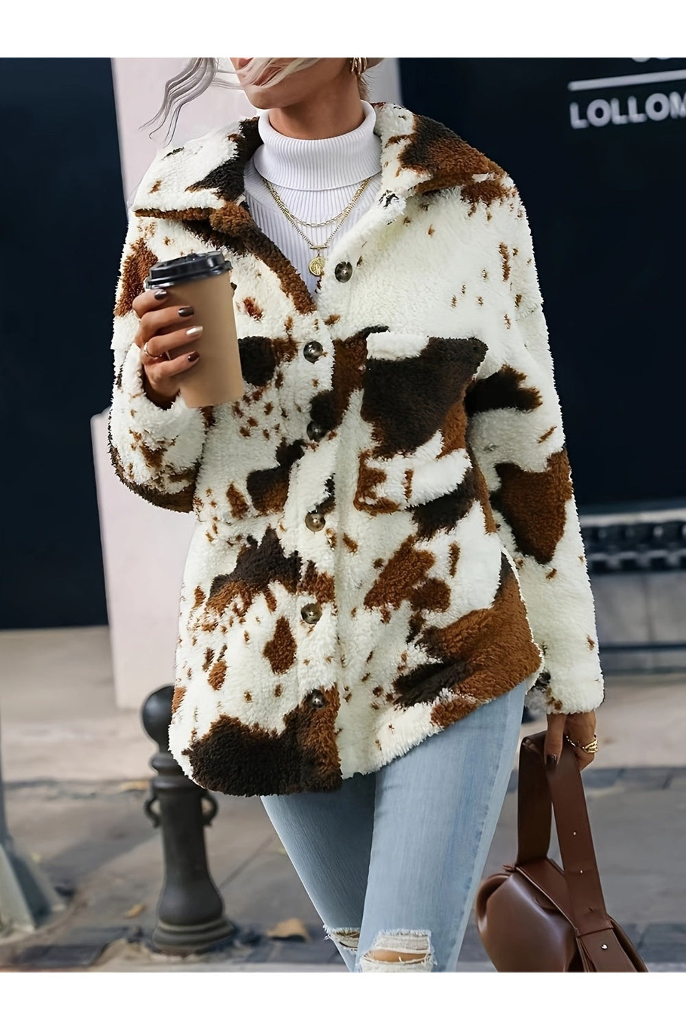 Cow Print Collared Neck Button Up Fuzzy Jacket - Jackets - FITGGINS