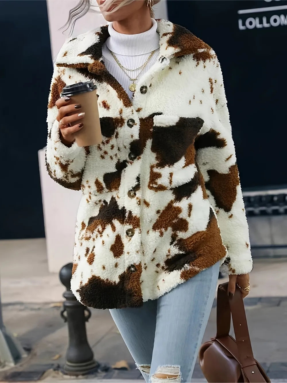 Cow Print Collared Neck Button-Up Fuzzy Jacket Fitggins