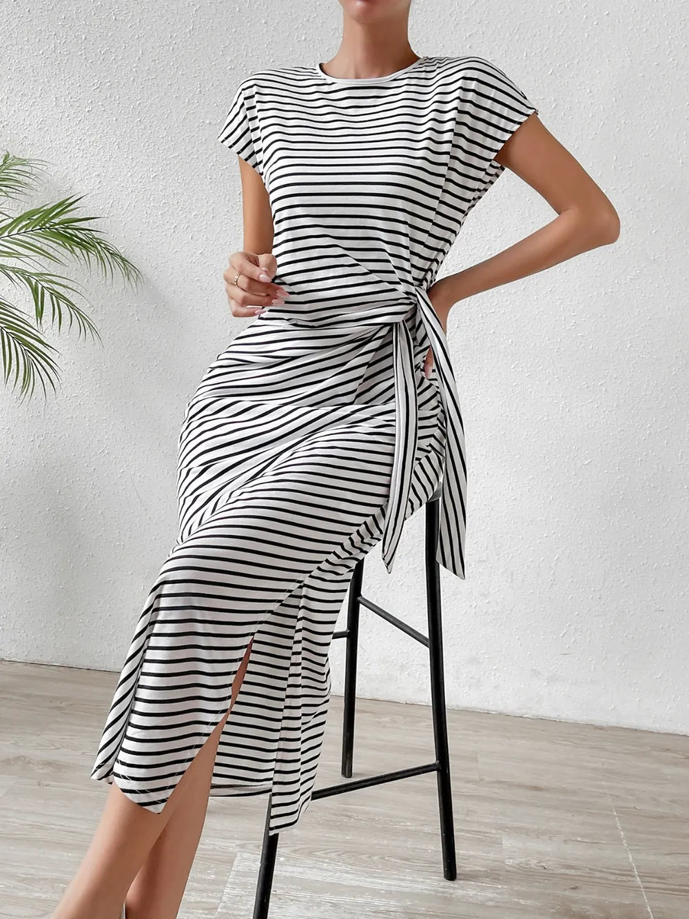 Honey Tied Striped Round Neck Short Sleeve Tee Dress Fitggins
