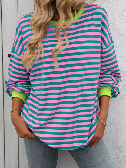 Striped Round Neck Dropped Shoulder Sweatshirt Fitggins