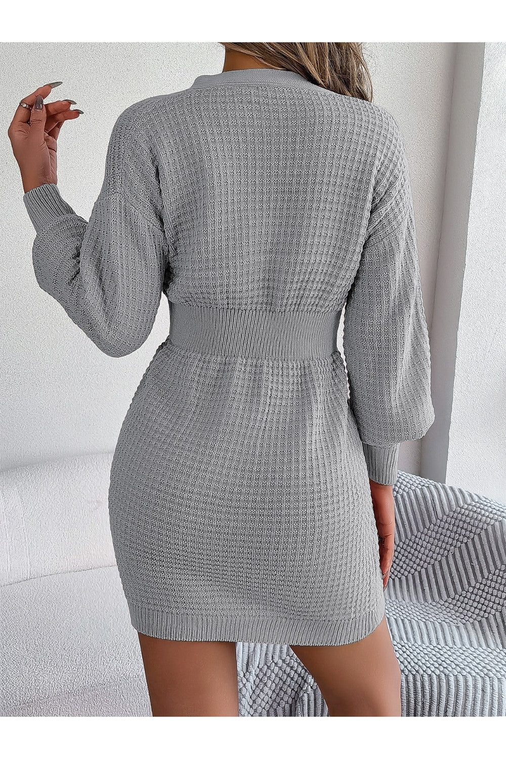 Buttoned Cable-Knit V-Neck Sweater Dress - Sweater Dresses - FITGGINS