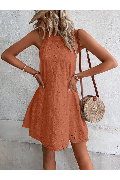 Eyelet Grecian Neck Mini Dress - Casual & Maxi Dresses - FITGGINS