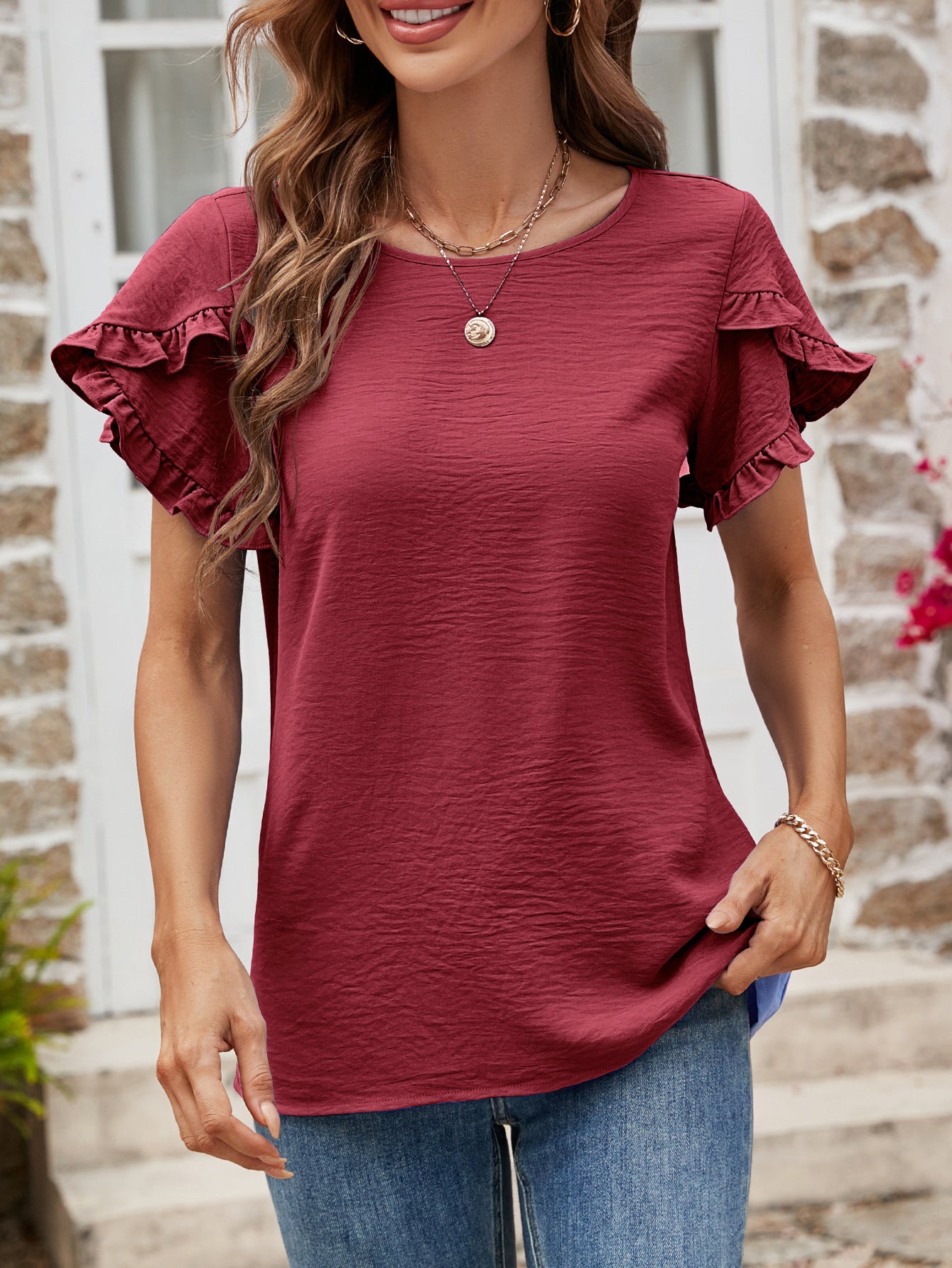 Textured Petal Sleeve Round Neck Tee Fitggins
