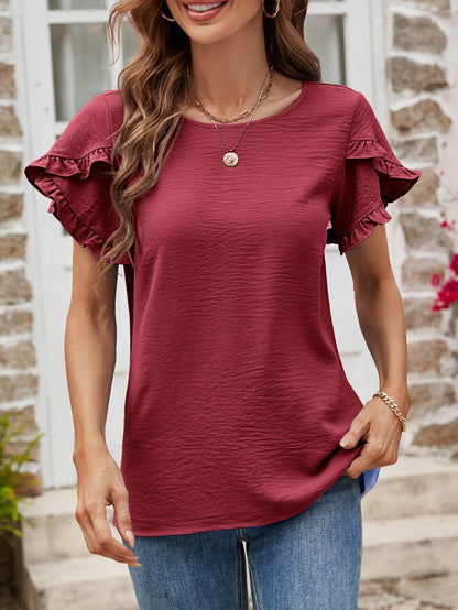 Textured Petal Sleeve Round Neck Tee Fitggins