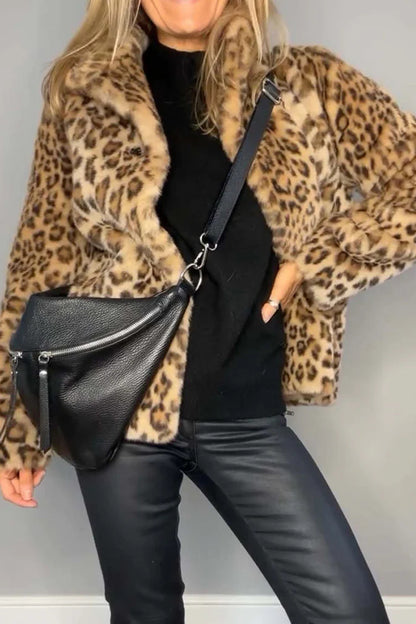 Full Size Leopard Furry Collared Neck Long Sleeve Coat - Jackets - FITGGINS