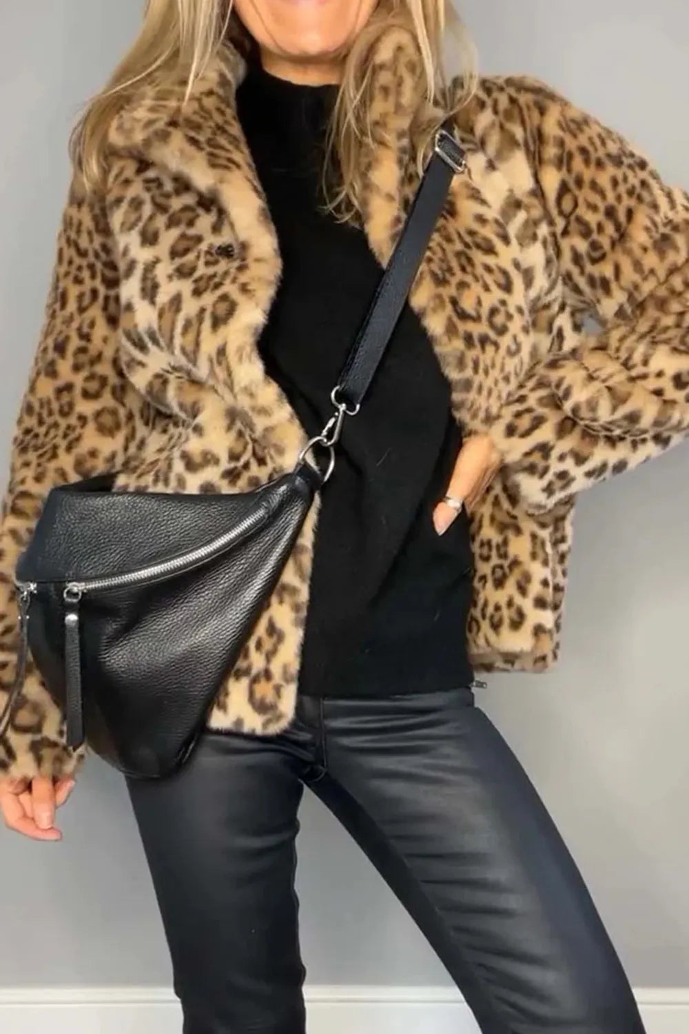 Full-Size Leopard Furry Collared Long-Sleeve Coat Fitggins