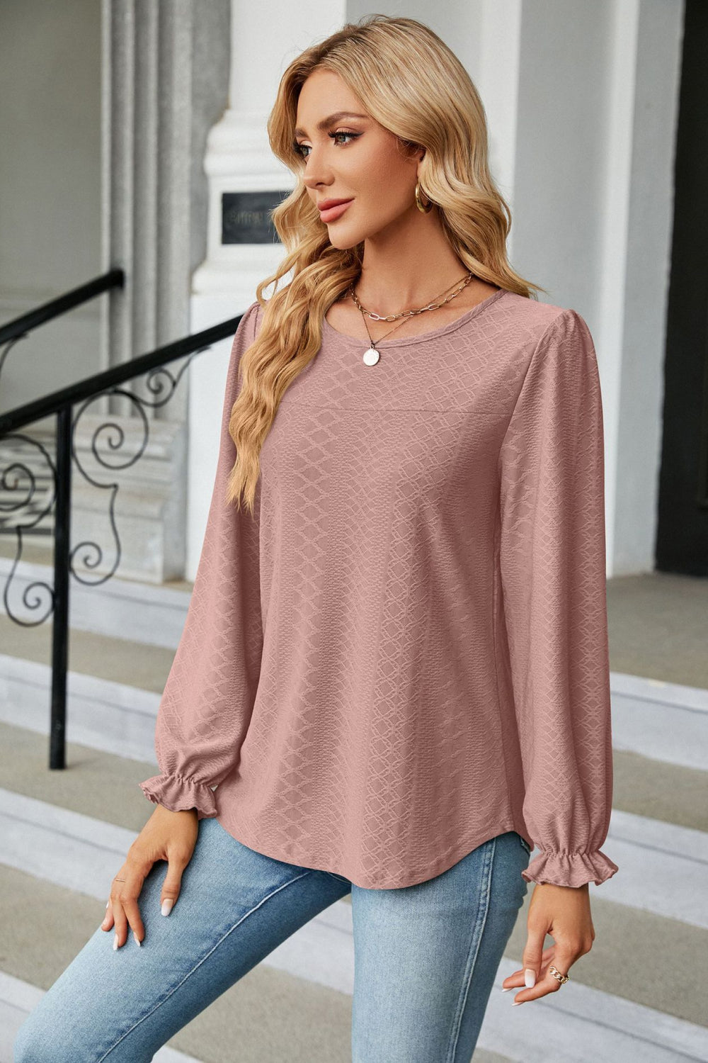 Round Neck Flounce Sleeve Blouse Fitggins