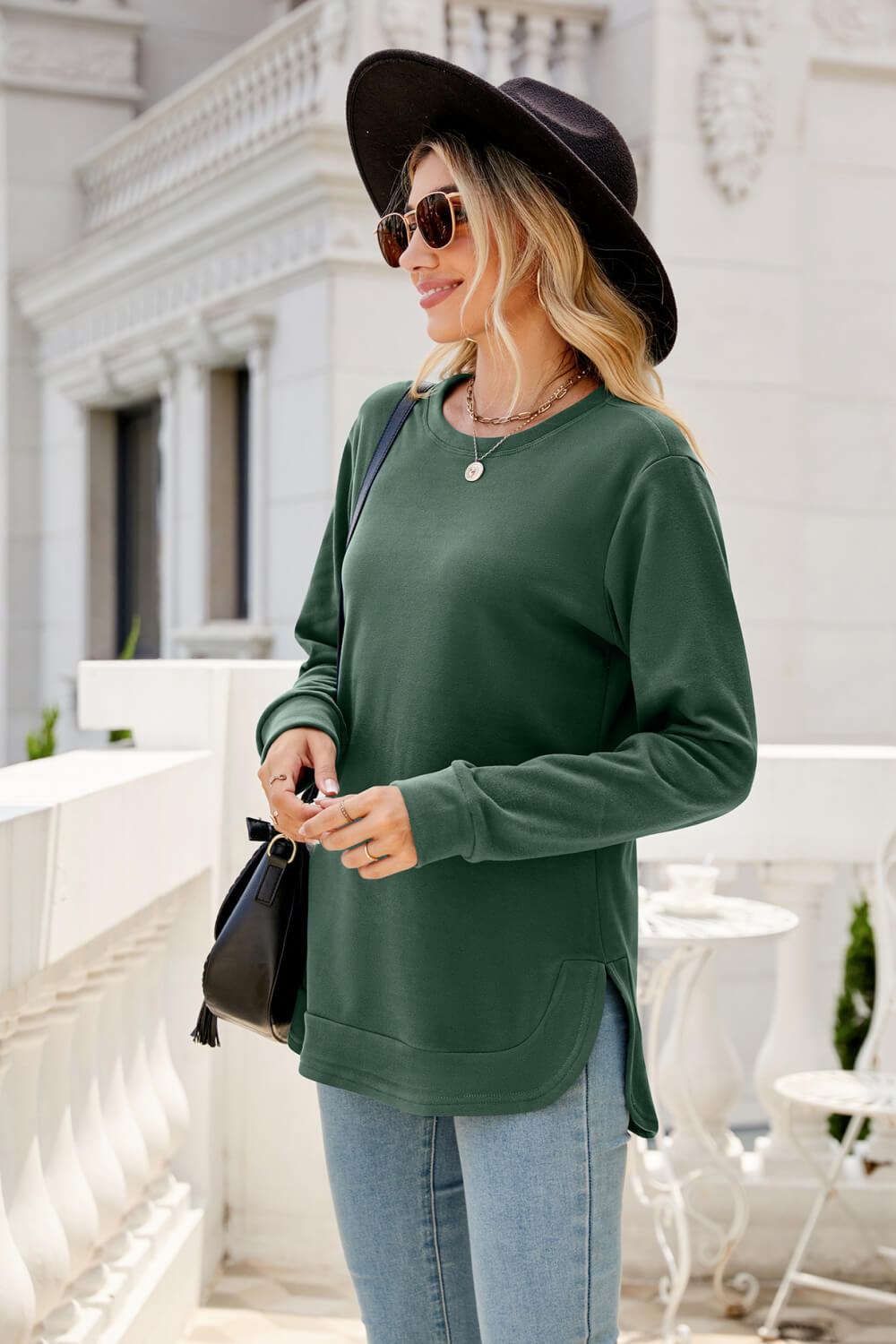 Round Neck Slit Tunic Top - T-Shirts - FITGGINS