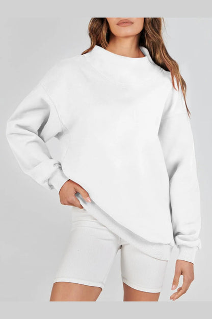 Mock Neck Drop Shoulder Long Sleeve Sweatshirt - Sweatshirts & Hoodies - FITGGINS