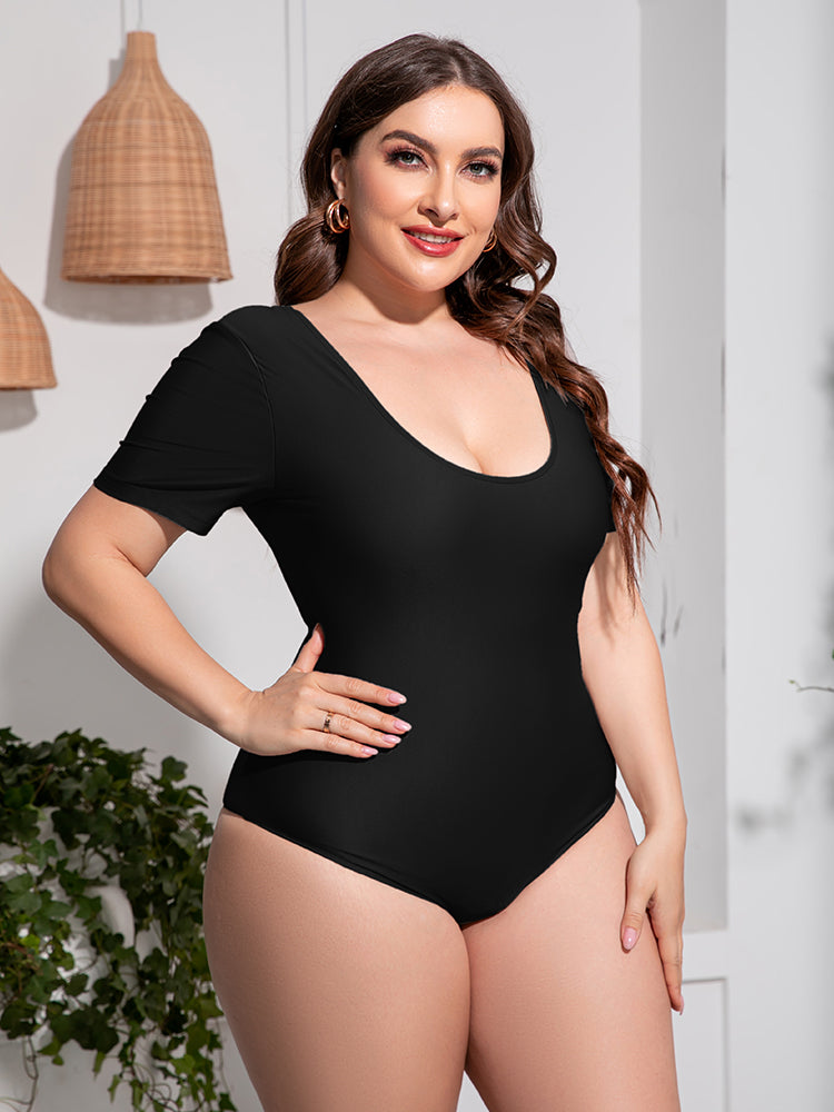 Plus Size Scoop Neck Short Sleeve One-Piece Swimsuit Fitggins