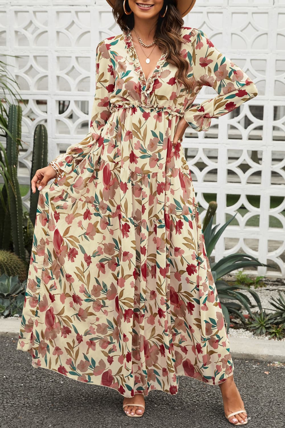 Floral Frill Trim Flounce Sleeve Plunge Maxi Dress Sand Fitggins