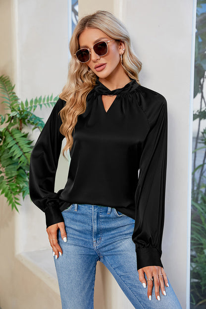 Cutout Mock Neck Long Sleeve Top - Blouses - FITGGINS