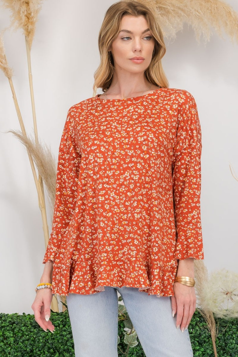 Celeste Full Size Floral Ruffle Detail Top - Shirts - FITGGINS