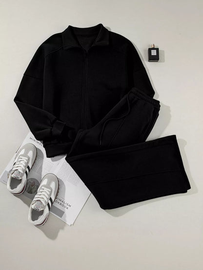 Drop Shoulder Zip Up Jacket and Drawstring Pants Active 2pcs Set Fitggins