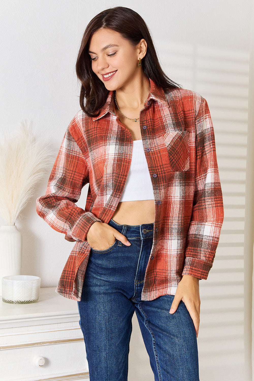 Plaid Collared Neck Long Sleeve Shirt - Shirts - FITGGINS