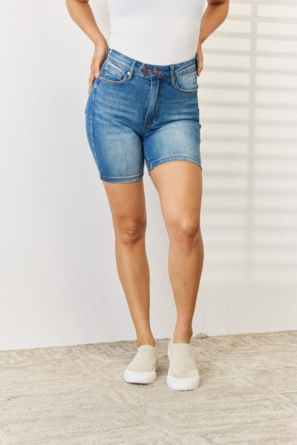 Judy Blue Full Size Tummy Control Double Button Bermuda Denim Shorts - Denim Shorts - FITGGINS