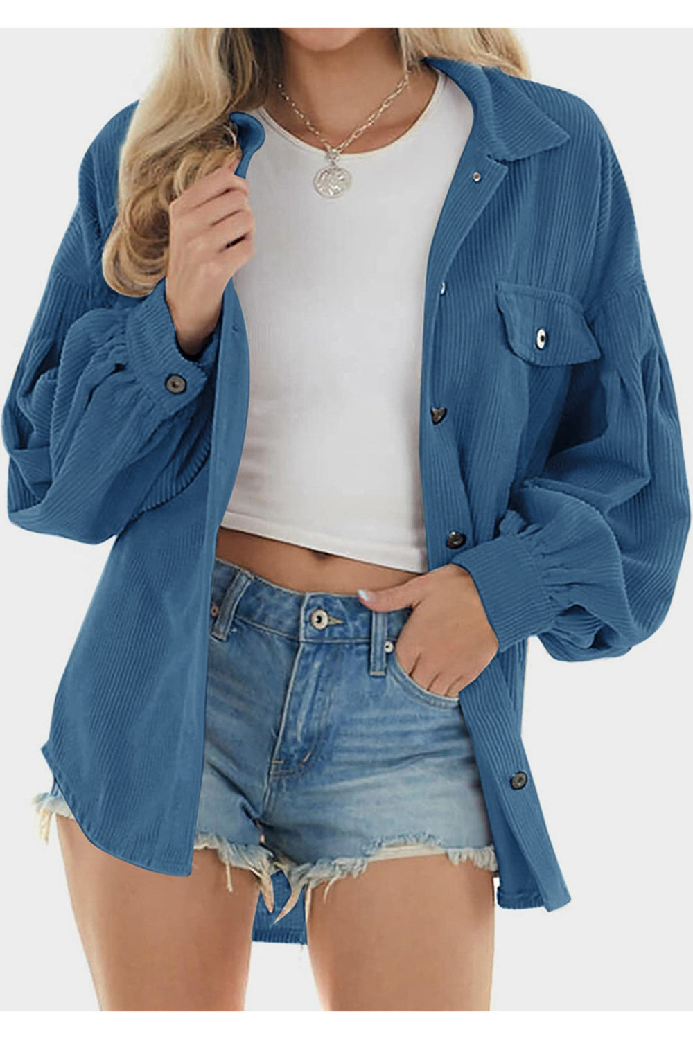 Mandy Button Up Sheer Long Sleeve Shirt Peacock Blue Fitggins