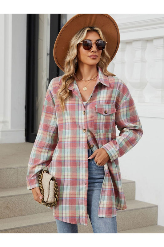 Plaid Collared Neck Long Sleeve Shirt - Shirts - FITGGINS