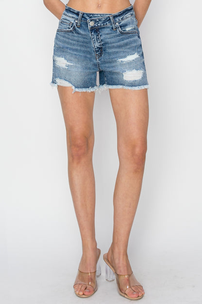 RISEN Stepped Waist Frayed Denim Shorts - Denim Shorts - FITGGINS