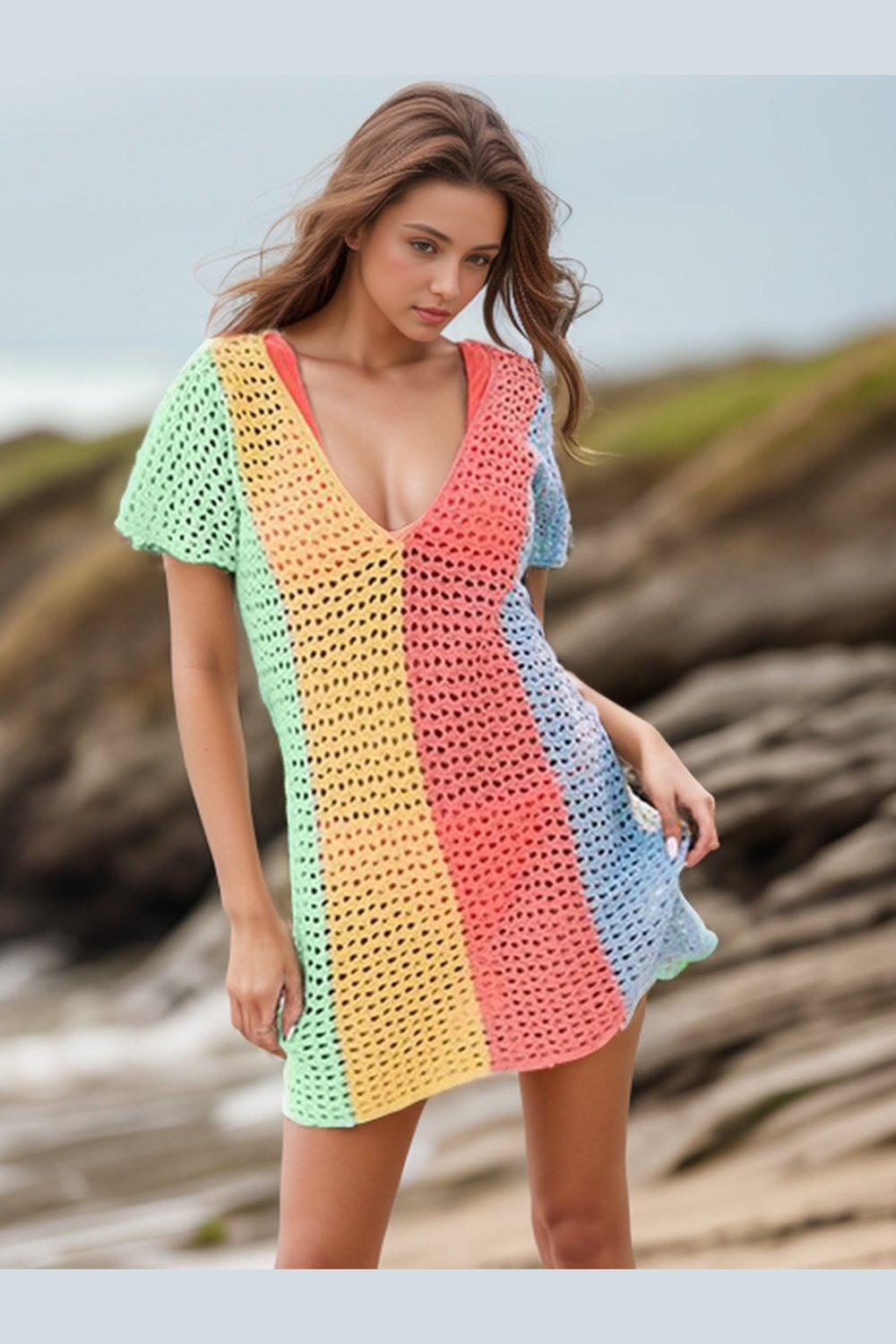 Openwork Color Block V-Neck Short Sleeve Cover-Up - Cover-Ups - FITGGINS