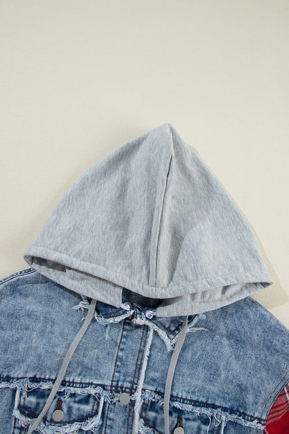 Raw Hem Drawstring Plaid Denim Jacket - Denim Jackets - FITGGINS