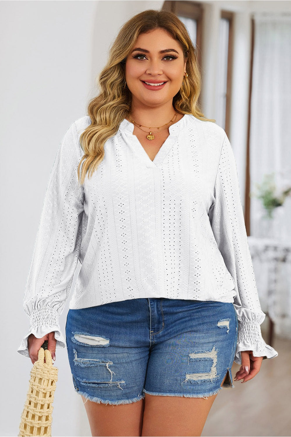 Plus Size Eyelet Notched Flounce Sleeve Blouse - Blouses - FITGGINS