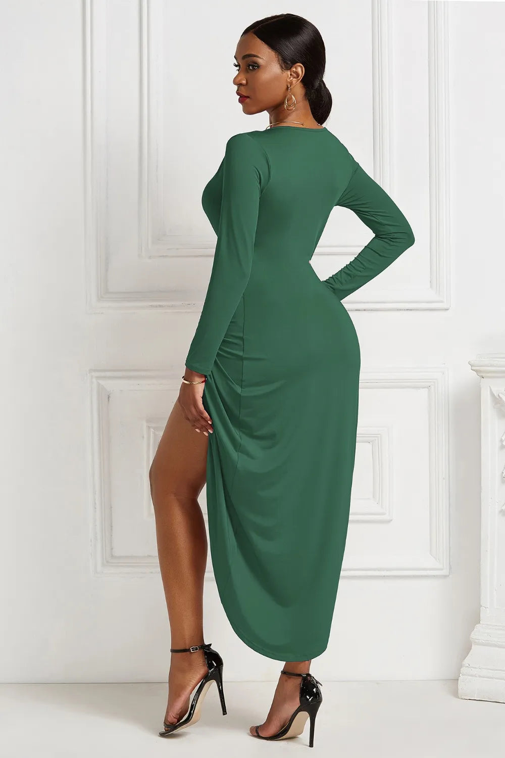 High-low Ruched Surplice Long Sleeve Dress Fitggins